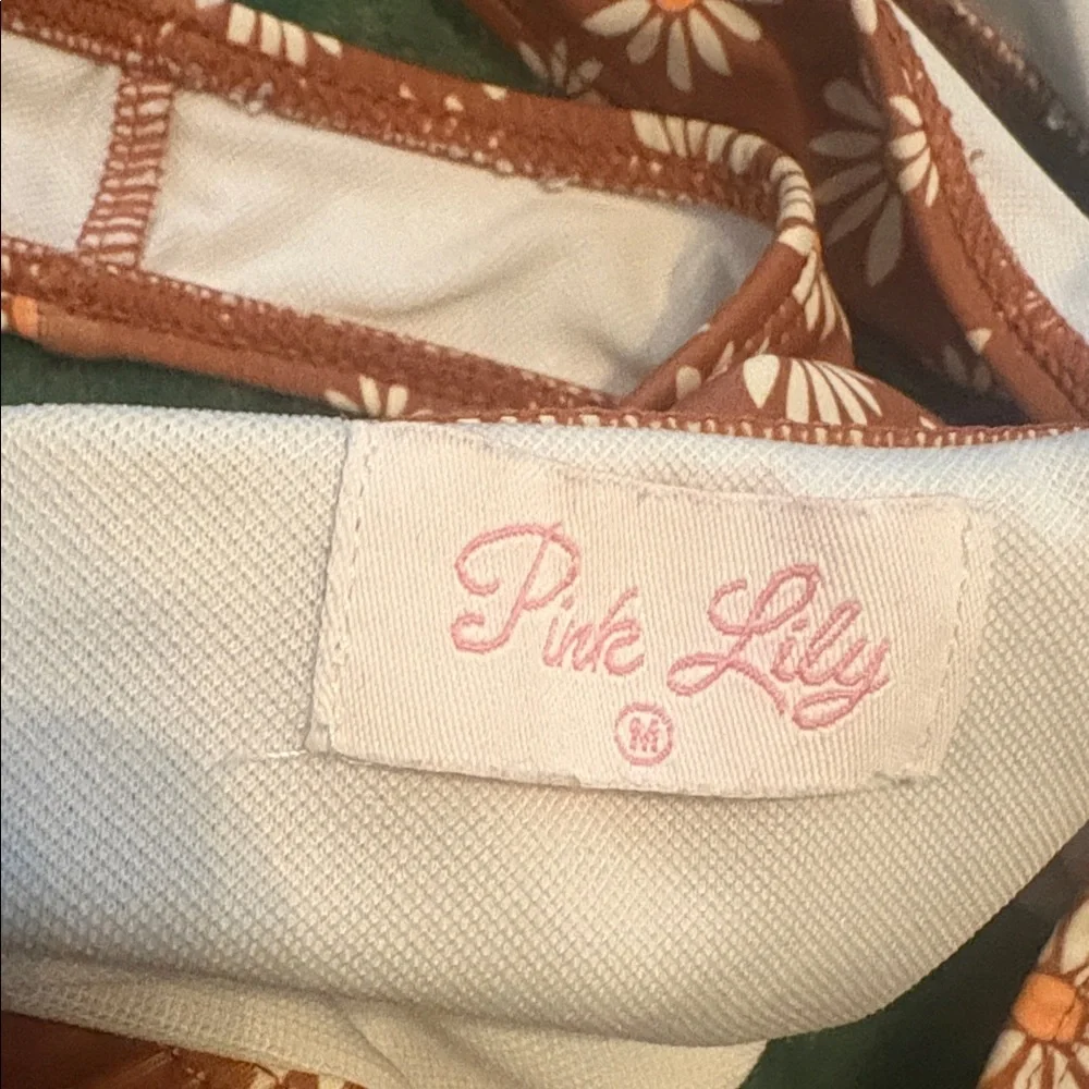 Pink Lily Bikini Top Daisy Print Pull On Style Brown White Yellow M